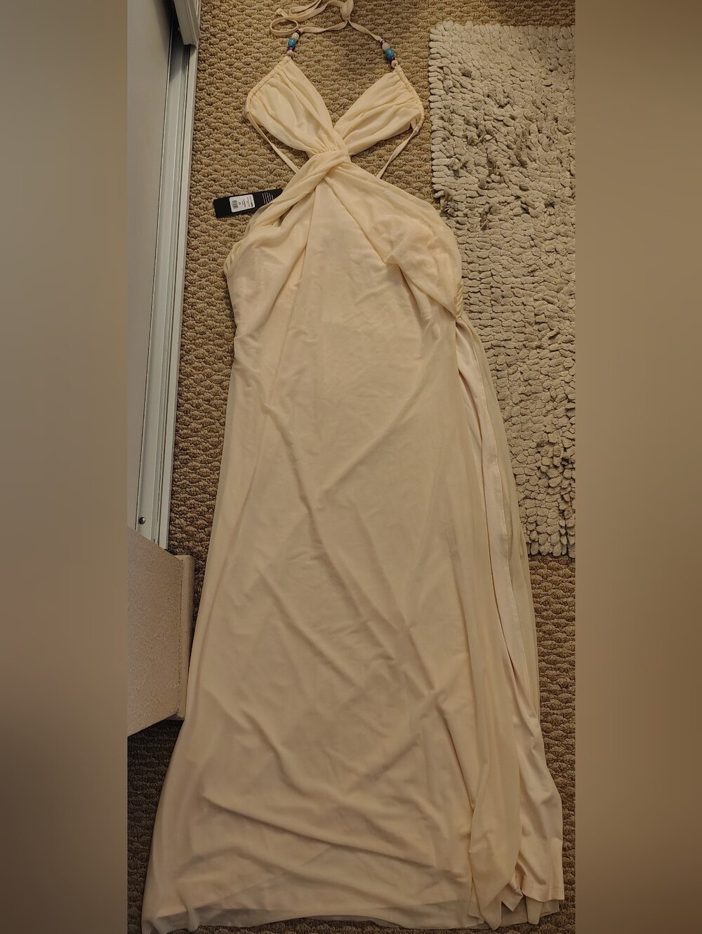Cream Halter Maxi Dress with Beaded Straps